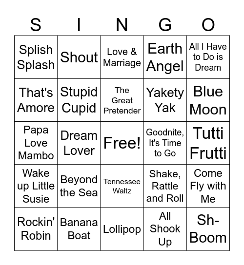 50's SINGO Bingo Card