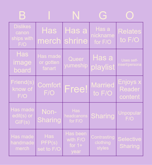 Yumeship Bingo! (For 1 F/O) Bingo Card