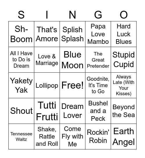 50's SINGO Bingo Card
