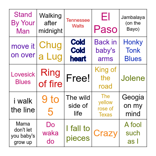Country Music Bingo Card