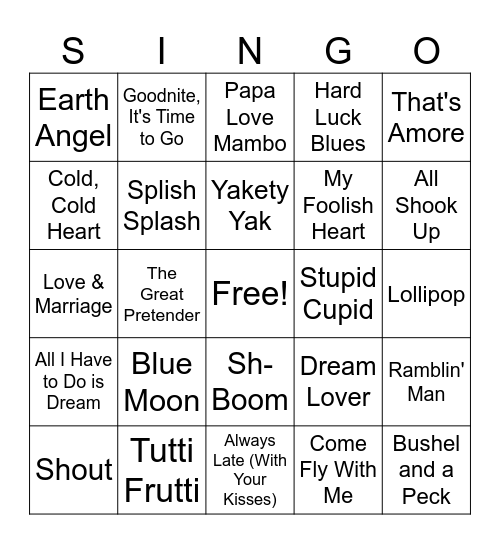 50's SINGO Bingo Card
