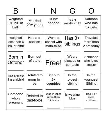 Baby Shower Bingo Card