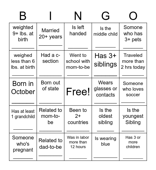 Baby Shower Bingo Card