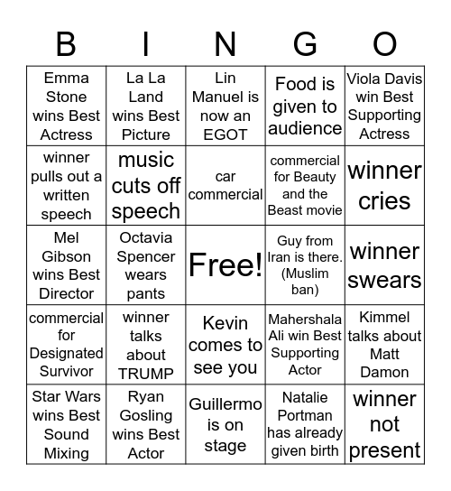 Oscar Bingo 2017 Bingo Card