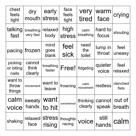 Emotion Body Clues Bingo Card