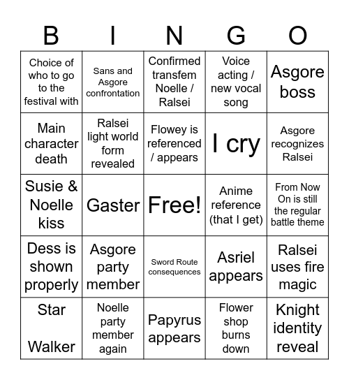Deltarune Chapter 5 Bingo Card