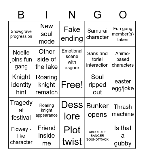 Deltarune chapter 5 Bingo Card