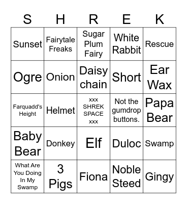 Shrek The Musical Bingo Card