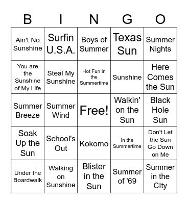 Summertime Singo Bingo Card