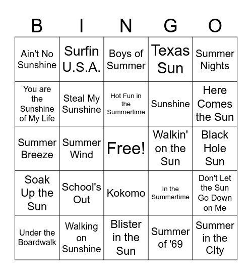Summertime Singo Bingo Card