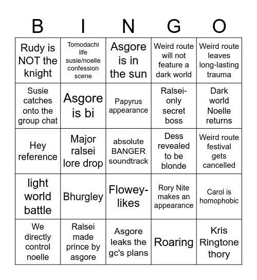 Deltarune Chapter 5 Bingo Card