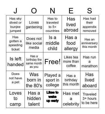 Jones Family Reunion 2026 Bingo Card