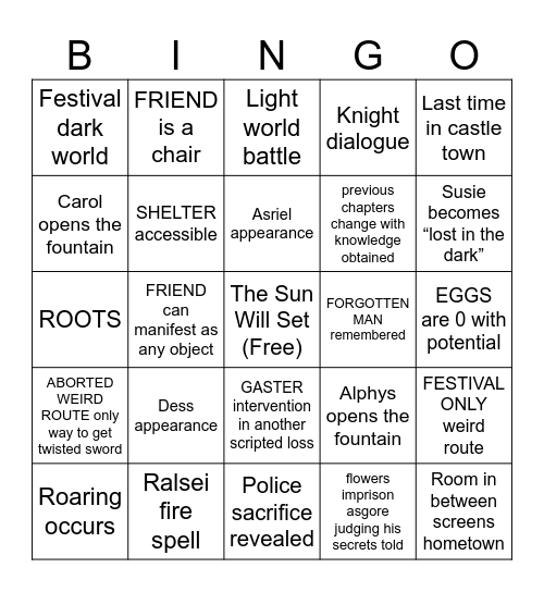 Deltarune Bingo Card
