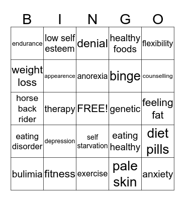 Eating Disorders & Fitness Bingo Card