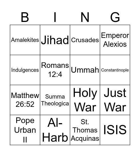Holy War Bingo Card