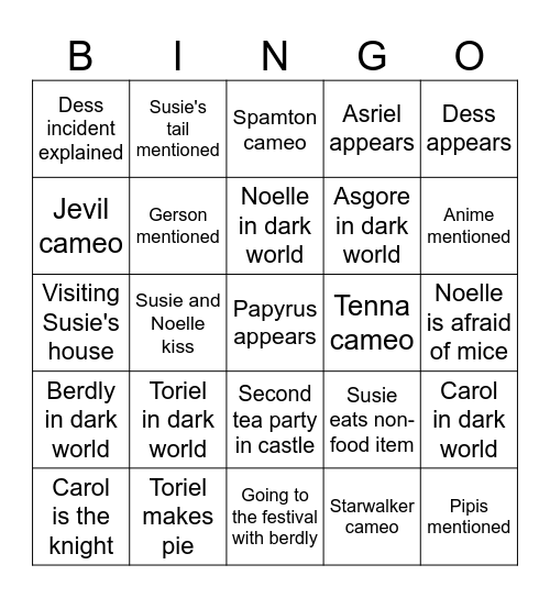 Deltarune Bingo Card