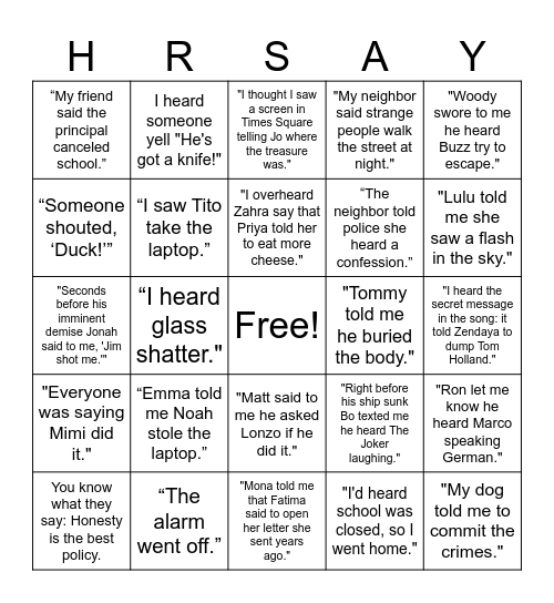 Hearsay Bingo Card