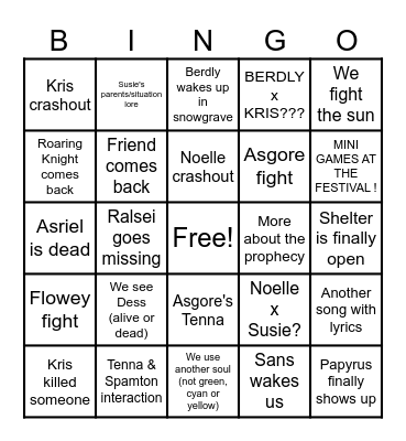 Deltarune Chapter 5 Bingo Card