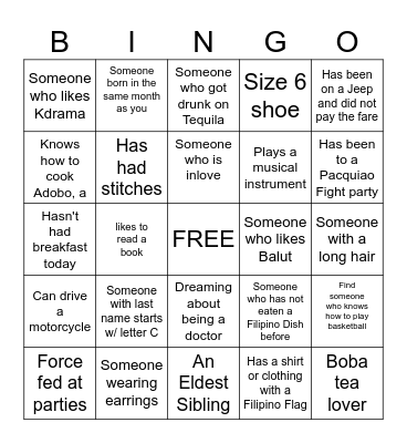 Filipino Human Bingo Card