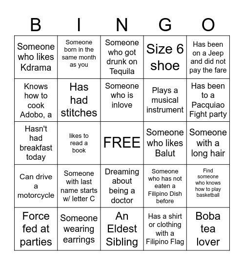 Filipino Human Bingo Card