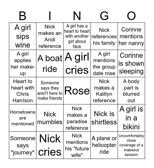 Bachelor Bingo Card