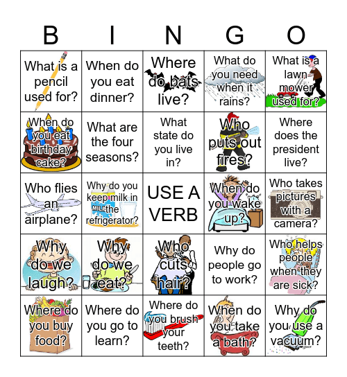 ESL - Wh Questions Grammar Bingo Card