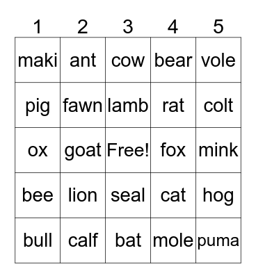 animal bingo Card