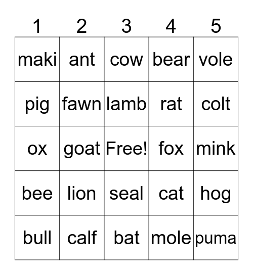 animal bingo Card