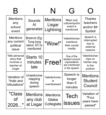 Lisgar 2026 Commencement Speech Bingo Card