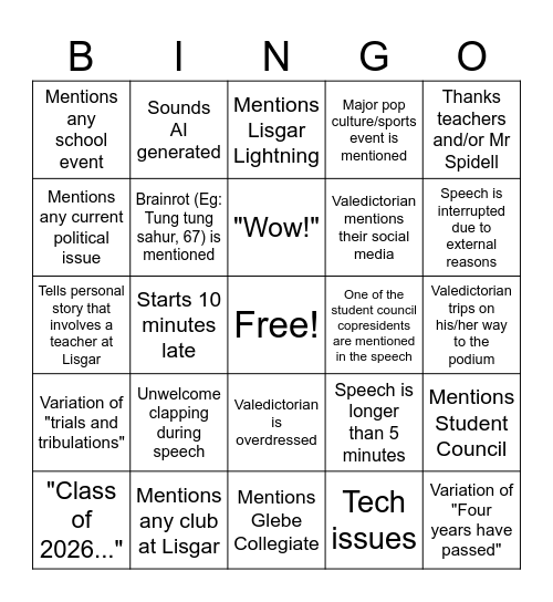 Lisgar 2026 Commencement Speech Bingo Card