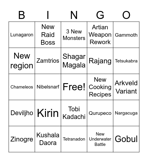 Monster Hunter DLC Bingo Card