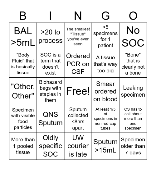 UW Specimen Bingo Card