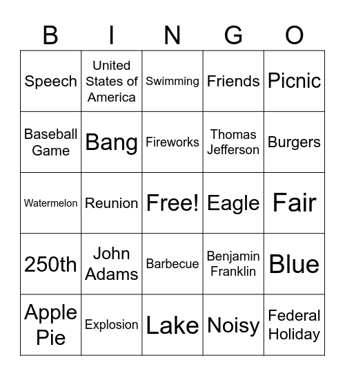 Happy 4TH of July Bingo Card