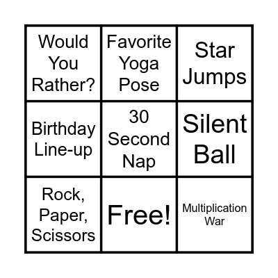 Brain Break Bingo Card