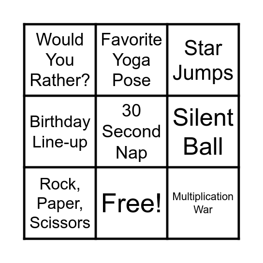 Brain Break Bingo Card