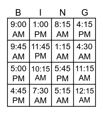 TIME: QUARTER AND HALF PAST Bingo Card