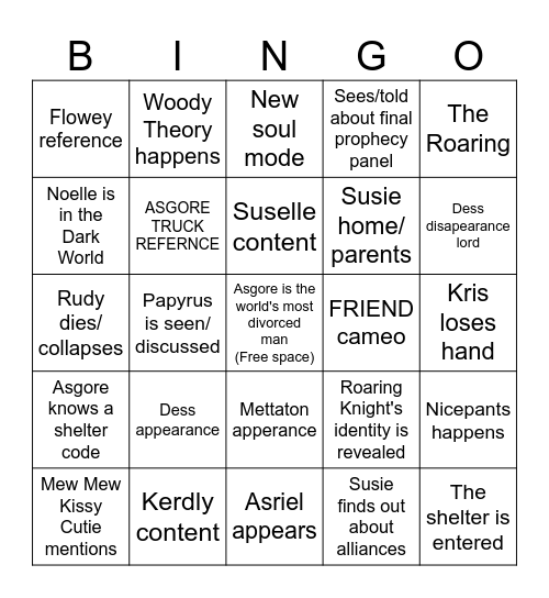 Deltarune Chapter 5 Bingo Card