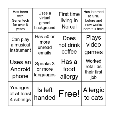 Summer Intern Bingo Card
