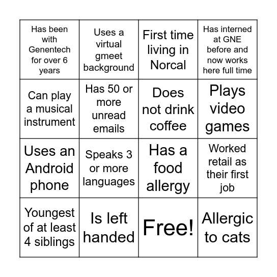 Summer Intern Bingo Card