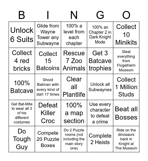 LEGO Batman: Legacy of The Dark Knight Bingo Card