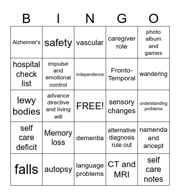 Dementia Bingo Card