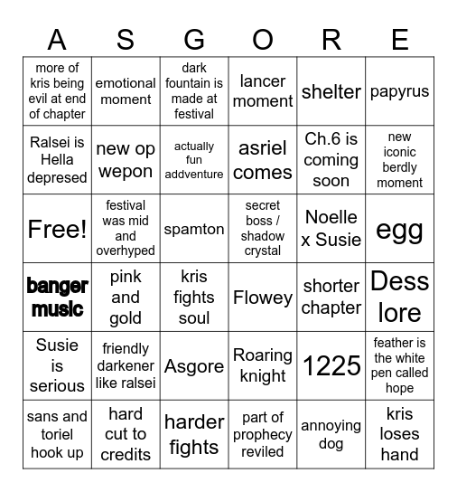 Deltarune chapter 5 BINGO Card