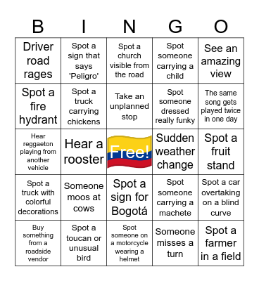 The Great Colombian Road Trip Bingo Card