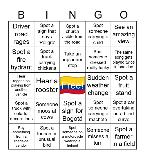 The Great Colombian Road Trip Bingo Card