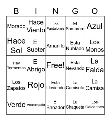 COLORES, Tiempo, Ropa Bingo Card