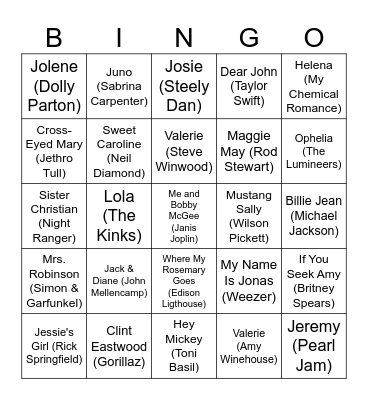 Say My Name Music Bingo Card