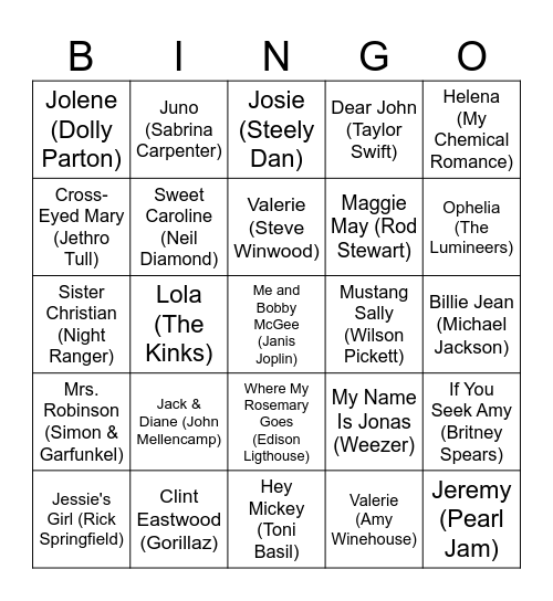 Say My Name Music Bingo Card