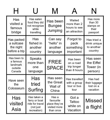 Vacation & Travel Edition Bingo Card