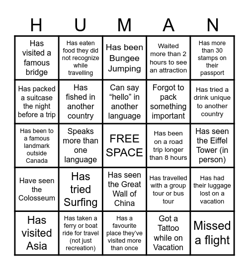 Vacation & Travel Edition Bingo Card