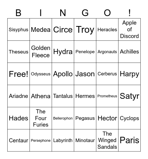 Greek Mythology Bingo Card